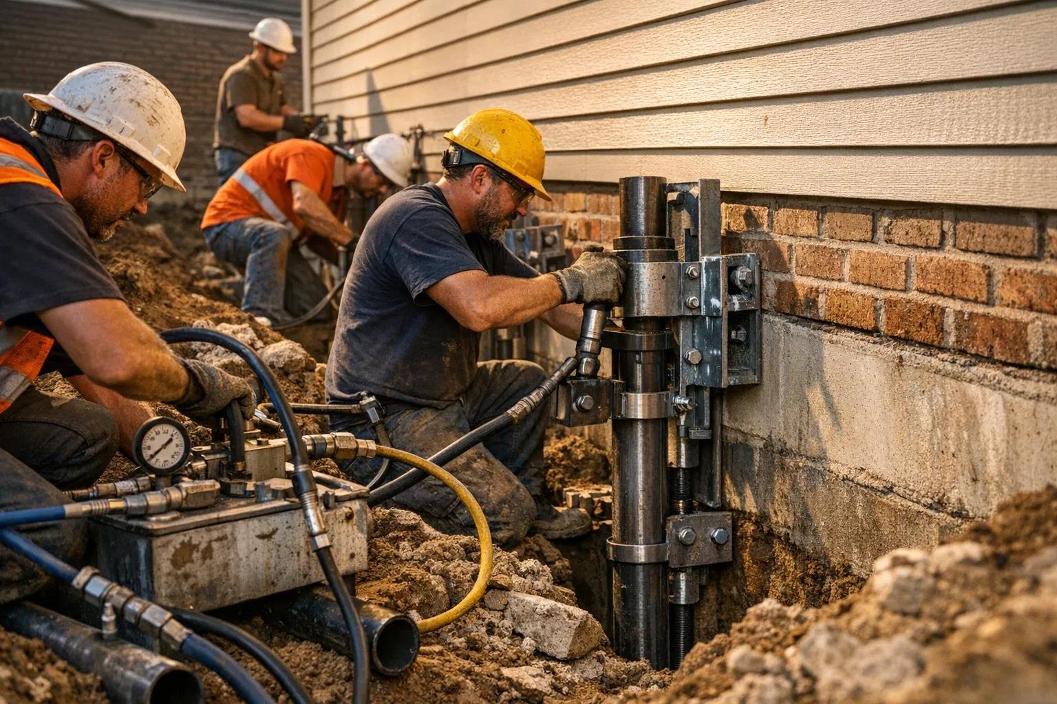 Foundation underpinned with helical piers